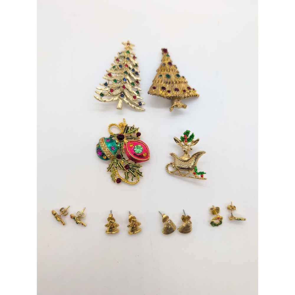 Mixed Christmas Jewelry Lot Gold Vintage Brooches Earrings Rhinestone Enamel